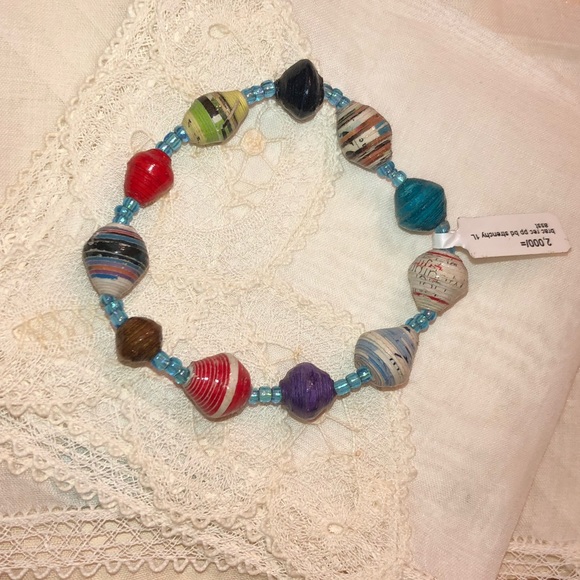 Colorful Paper Mache Bead Bracelet Banana Boat Recycled Stretch Bangle Vtg NWT - Picture 5 of 13